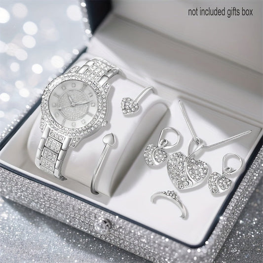 Shimmer Silver Quartz Watch – 6-Piece Gift Set